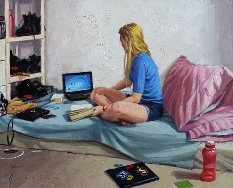 A painting of a woman lying on a bed with books and an old ThinkPad.